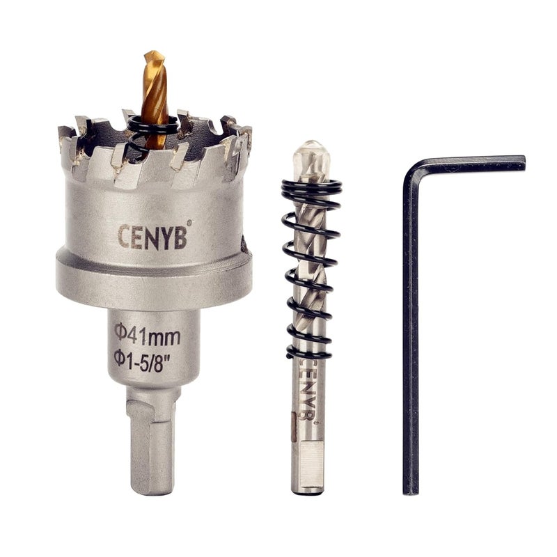 cenyb 1-5/8" (41mm) Tungsten Carbide Tipped Hole Saw with 2Pcs Titanium-Plated Pilot Drill Bits for Hard Metal,Stainless Steel,Iron,Aluminum Alloy,Wood and Plastic - Image 1